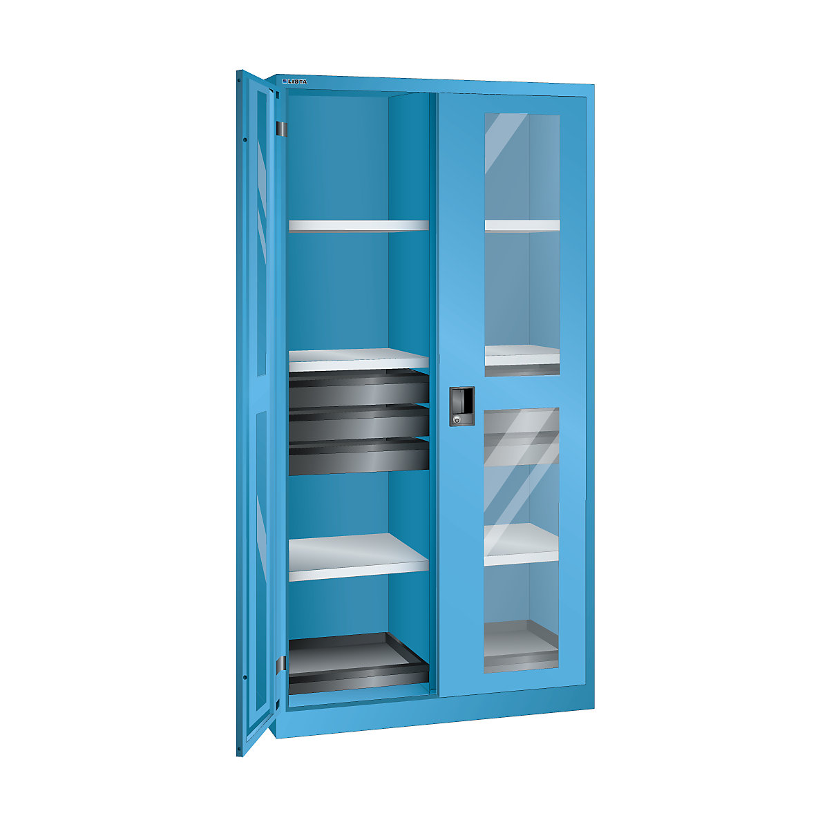 Skříň s prosklenými dveřmi, v x š x h 1950 x 1000 x 580 mm – LISTA, 8 polic a 6 zásuvek, světlá modrá-8