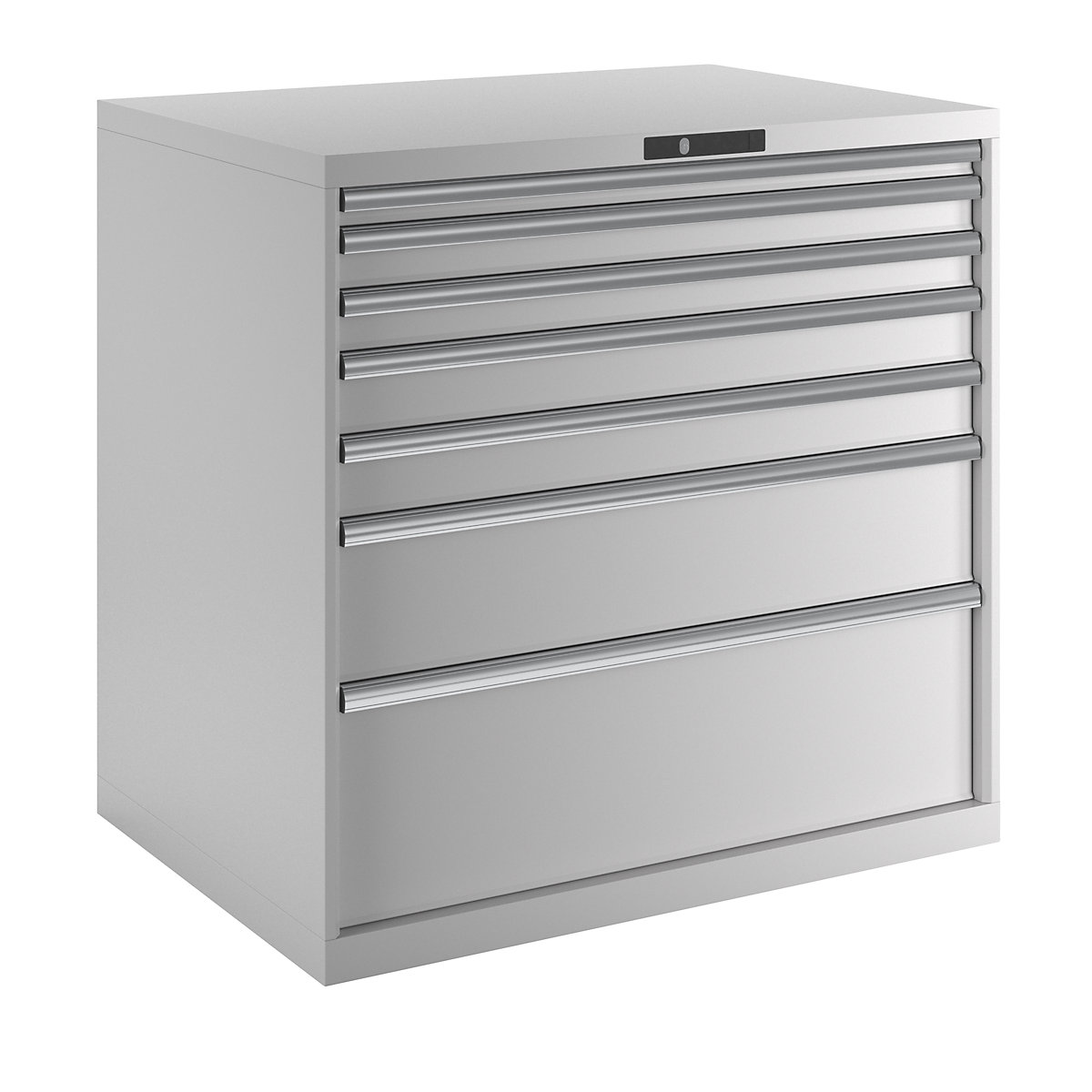 Zásuvková skříň, ocelový plech – LISTA, v x š 1000 x 1023 mm, 7 zásuvek, nosnost 75 kg, světle šedá-10