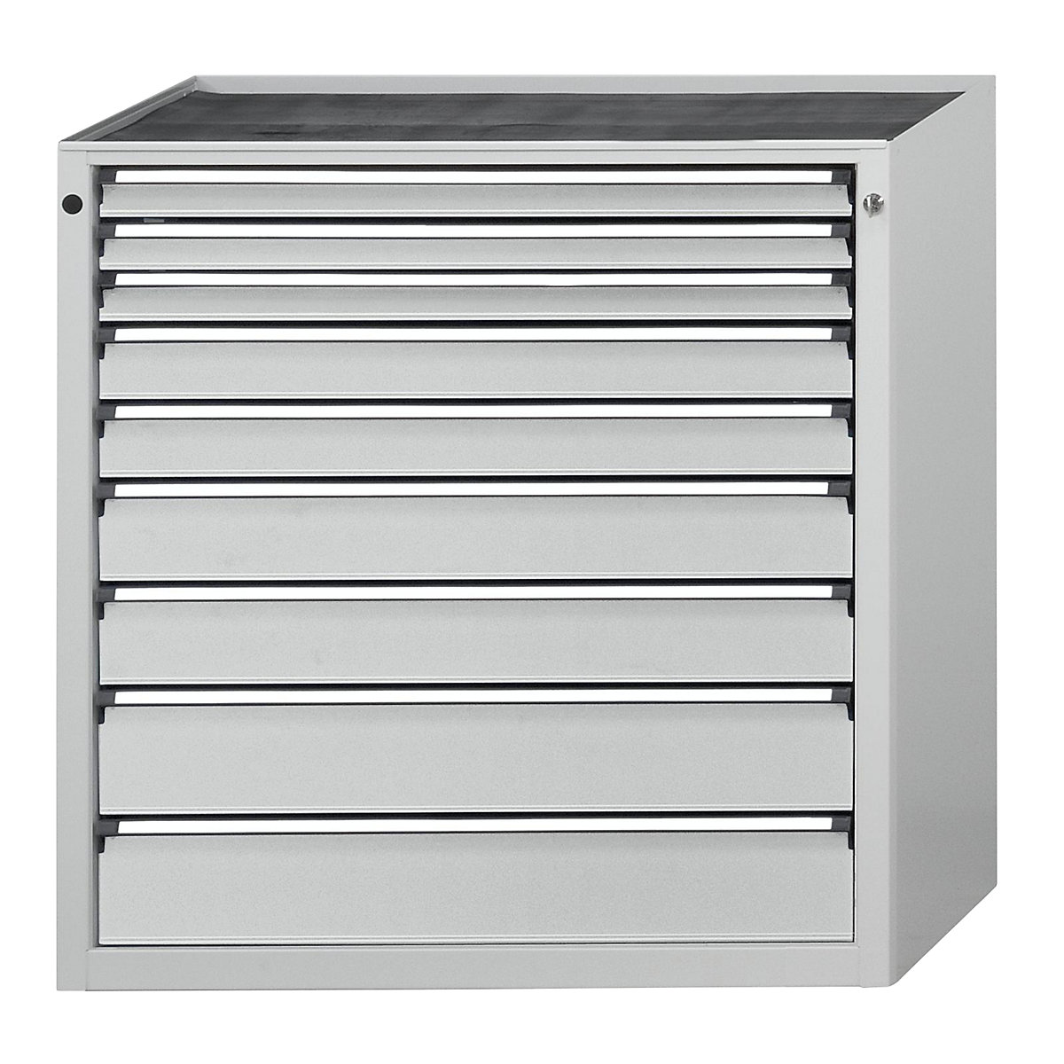 Zásuvková skříň – ANKE, š x h 910 x 675 mm, nosnost zásuvky 200 kg, 9 zásuvek, výška 1280 mm, čelo světle šedé