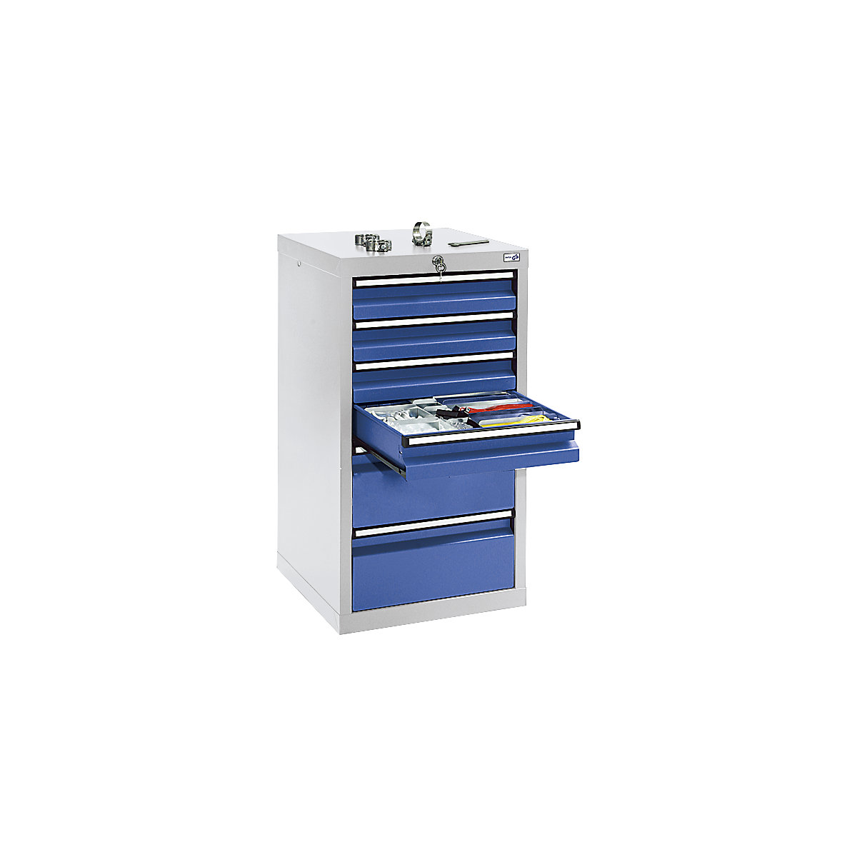 Zásuvková skříň, v x š x h 900 x 500 x 500 mm, 4 zásuvky 100 mm vysoké, 2 zásuvky 200 mm, korpus světle šedý, zásuvky hořcově modré-8