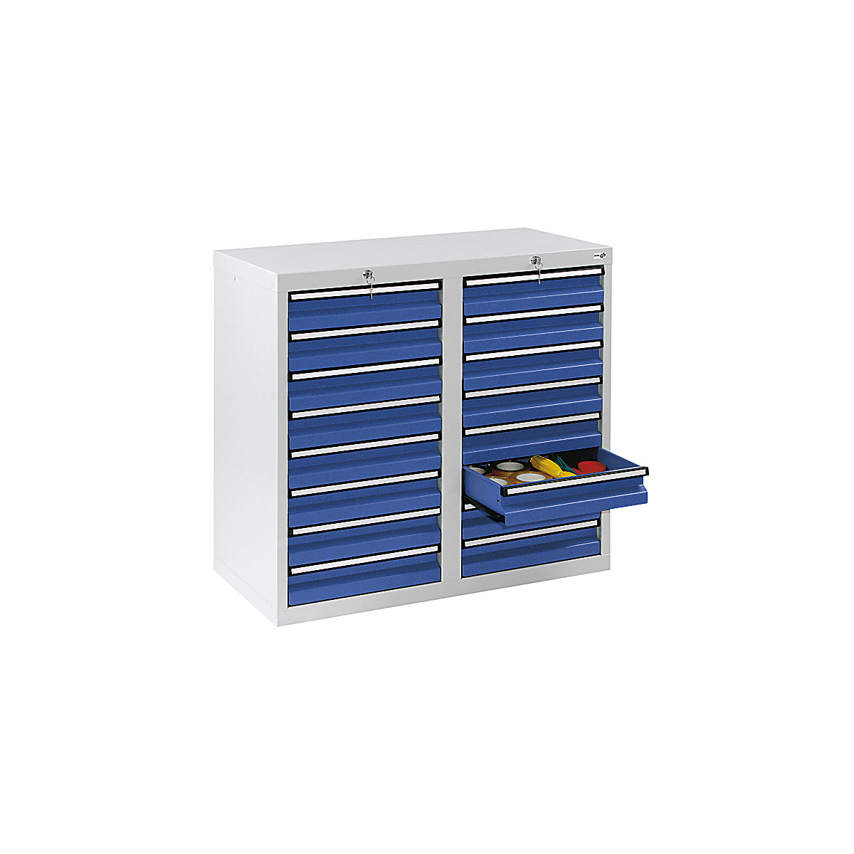 Zásuvková skříň, v x š x h 900 x 1000 x 500 mm, 16 zásuvek 100 mm vysokých, korpus šedý, zásuvky hořcově modré-8