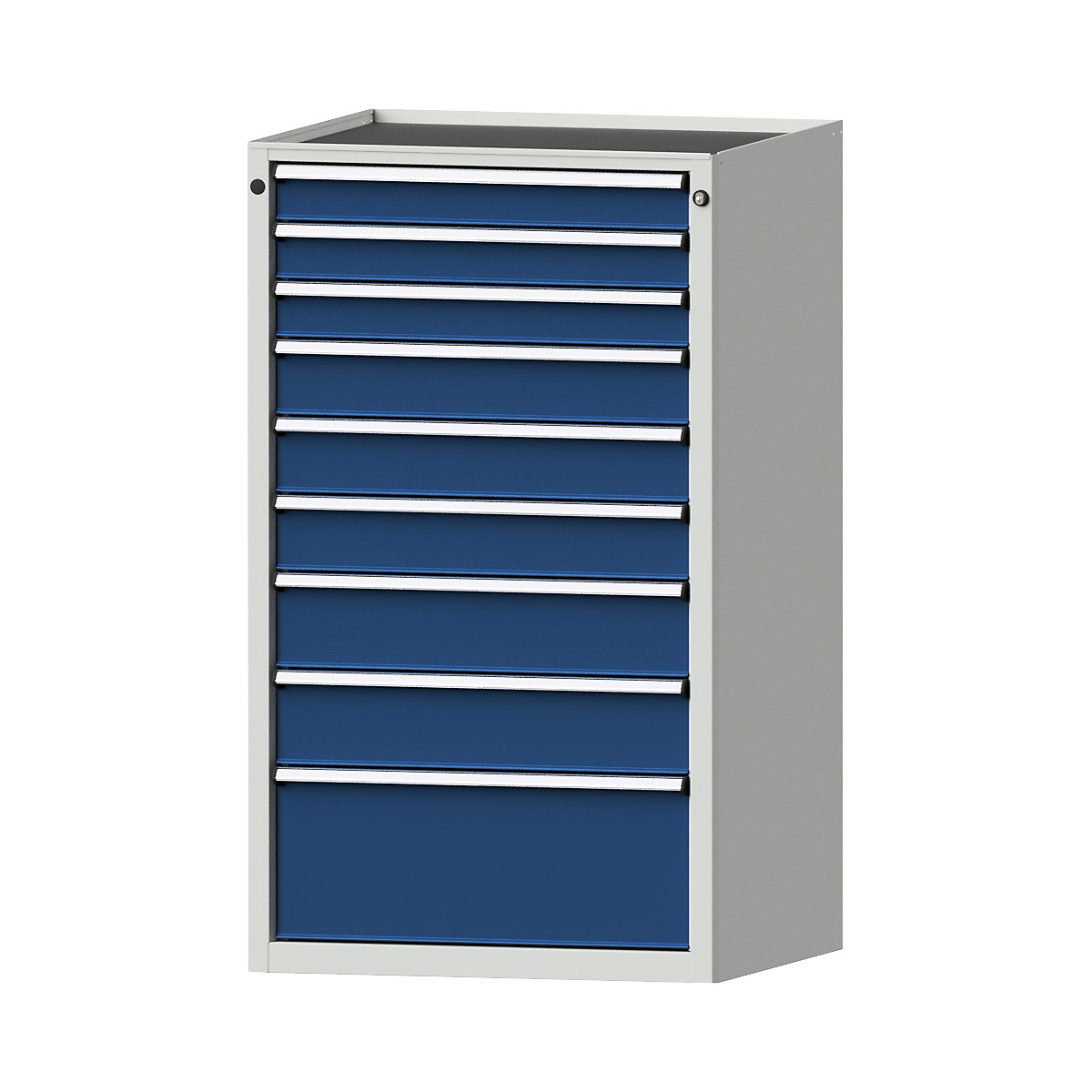 Zásuvková skříň – ANKE, š x h 760 x 675 mm, nosnost zásuvky 200 kg, 9 zásuvek, výška 1280 mm, čelo hořcově modré