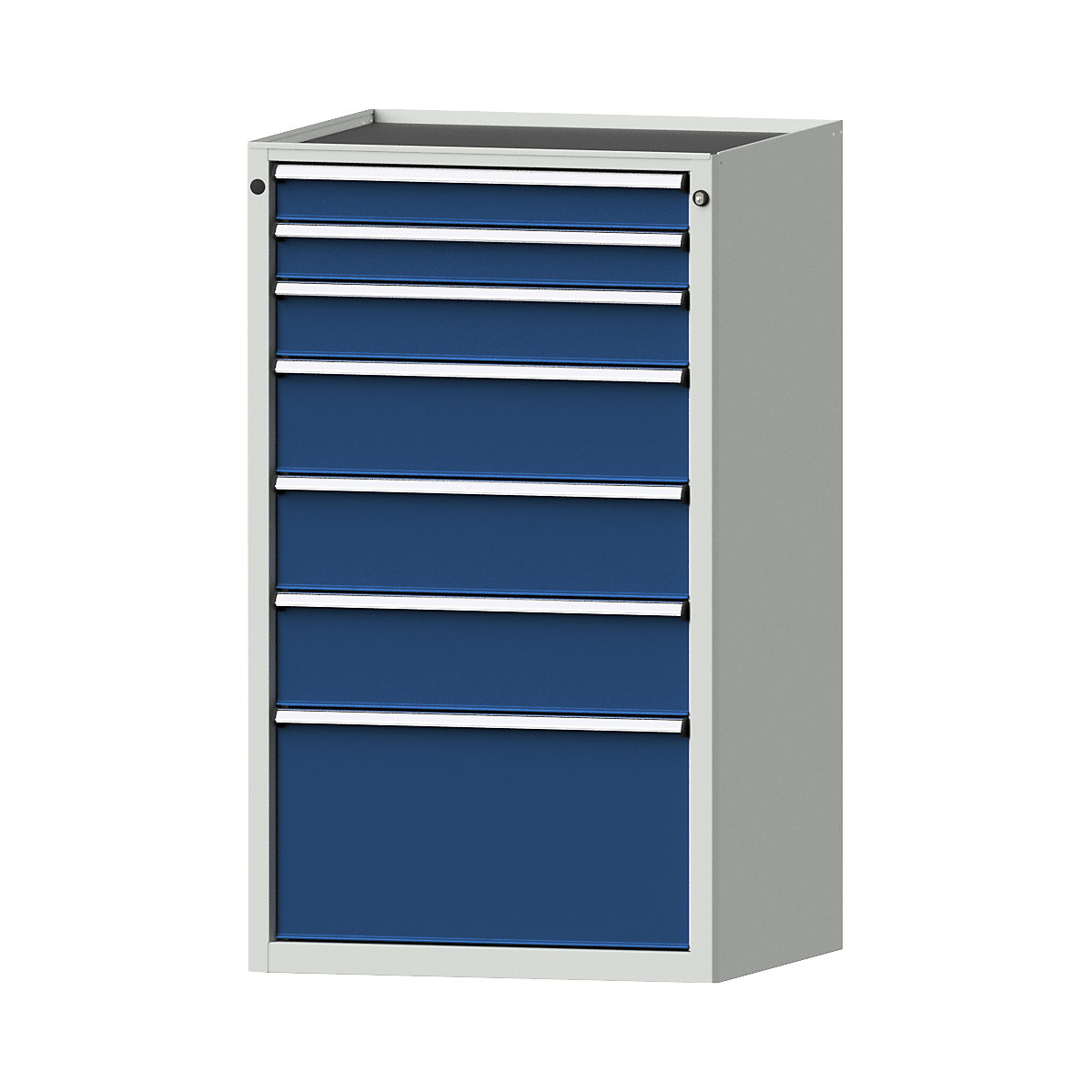 Zásuvková skříň – ANKE, š x h 760 x 675 mm, nosnost zásuvky 200 kg, 7 zásuvek, výška 1280 mm, čelo hořcově modré