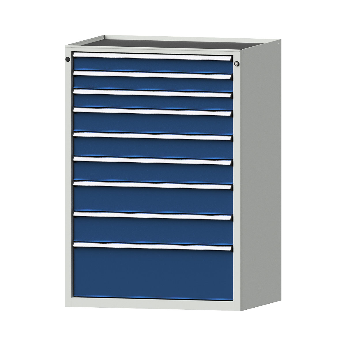 Zásuvková skříň – ANKE, š x h 910 x 675 mm, nosnost zásuvky 200 kg, 9 zásuvek, výška 1280 mm, čelo hořcově modré