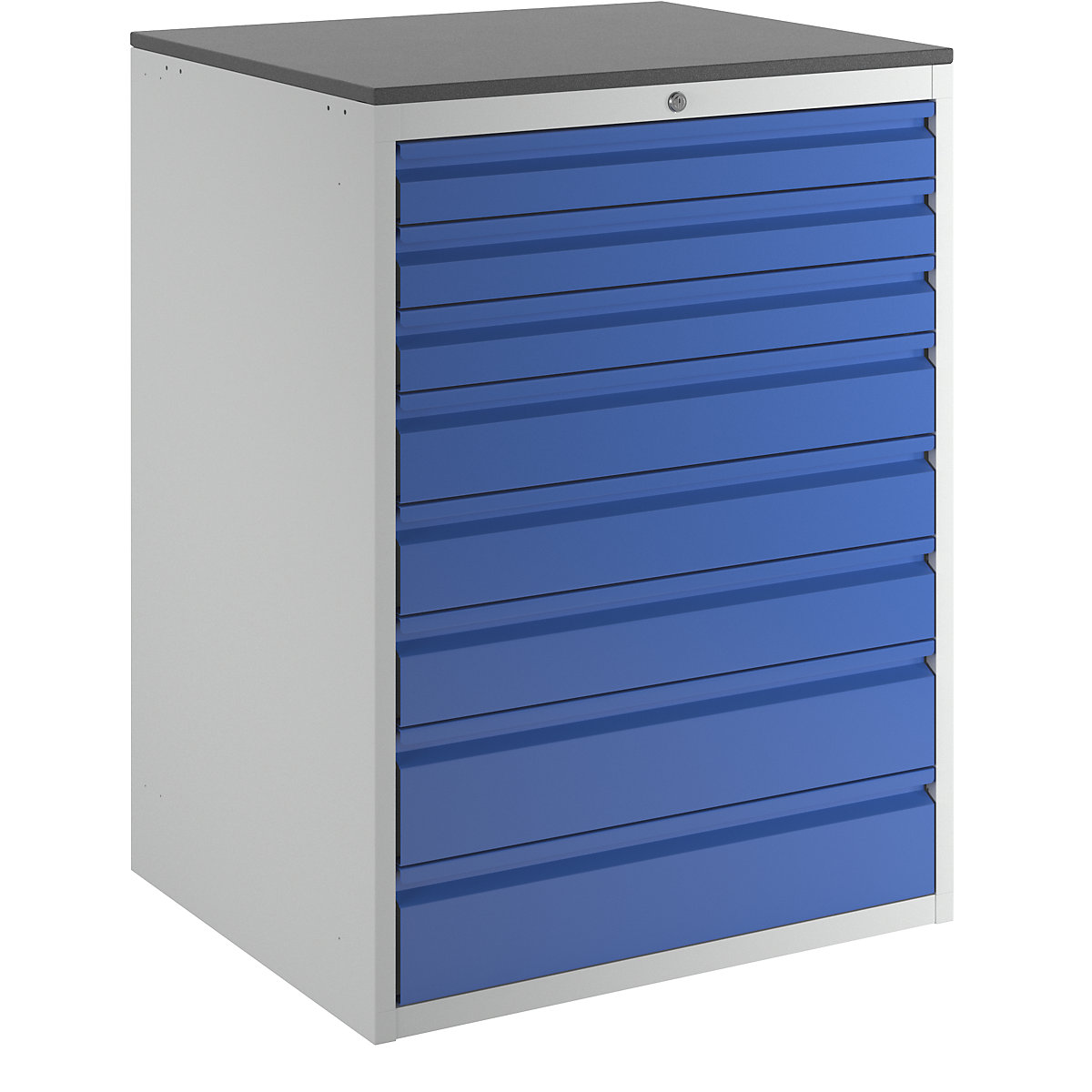 Zásuvková skříň s teleskopickými vodítky – RAU, výška 1030 mm, zásuvky 3 x 90, 3 x 120, 2 x 150 mm, světle šedá / hořcově modrá, šířka 770 mm-14