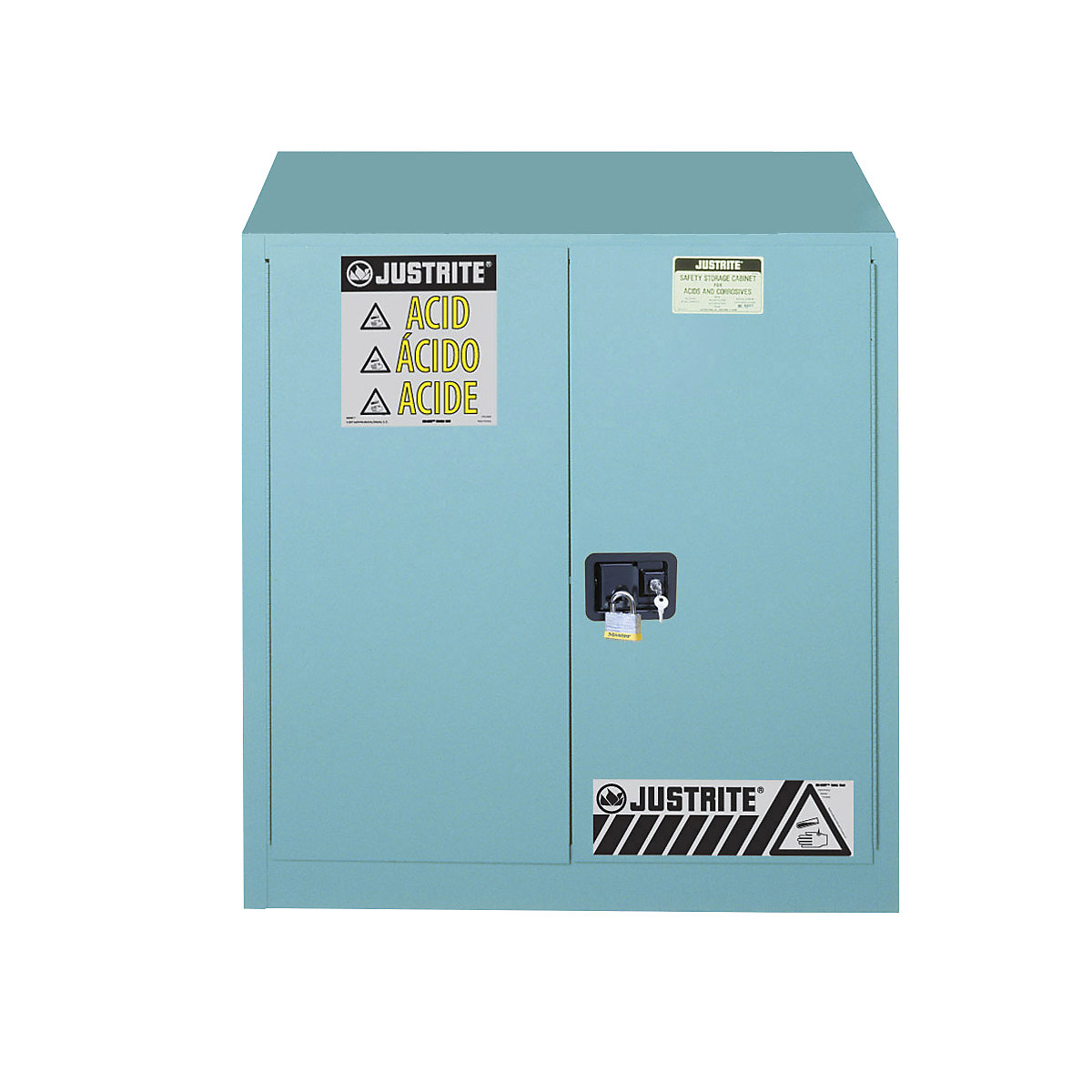 Bezpečnostní skříň FM – Justrite, v x š x h 1118 x 1092 x 457 mm, automatické zavírání dveří, pro kyseliny, louhy, modrá-4