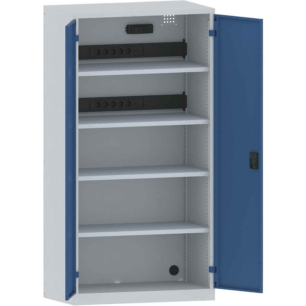 LISTA – Skříň pro nabíjení akumulátorů, 4 police, plné plechové dveře, 2 zásuvkové lišty na zadní straně se spínačem FI/LS, šedá / modrá