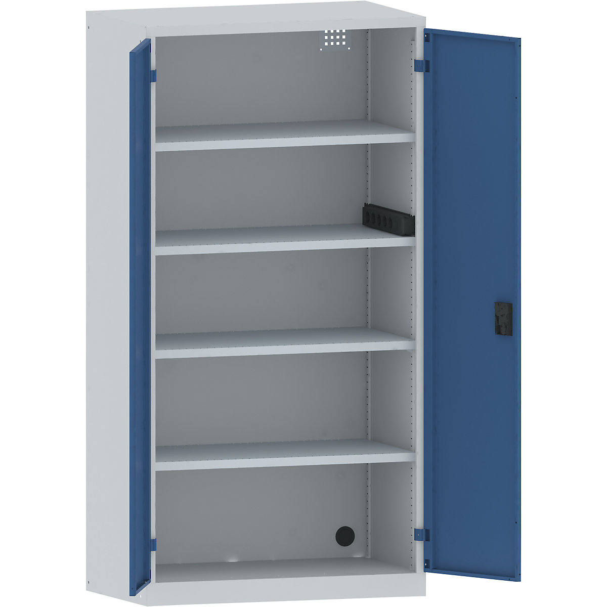 LISTA – Skříň pro nabíjení akumulátorů, 4 police, plné plechové dveře, boční zásuvková lišta, šedá / modrá