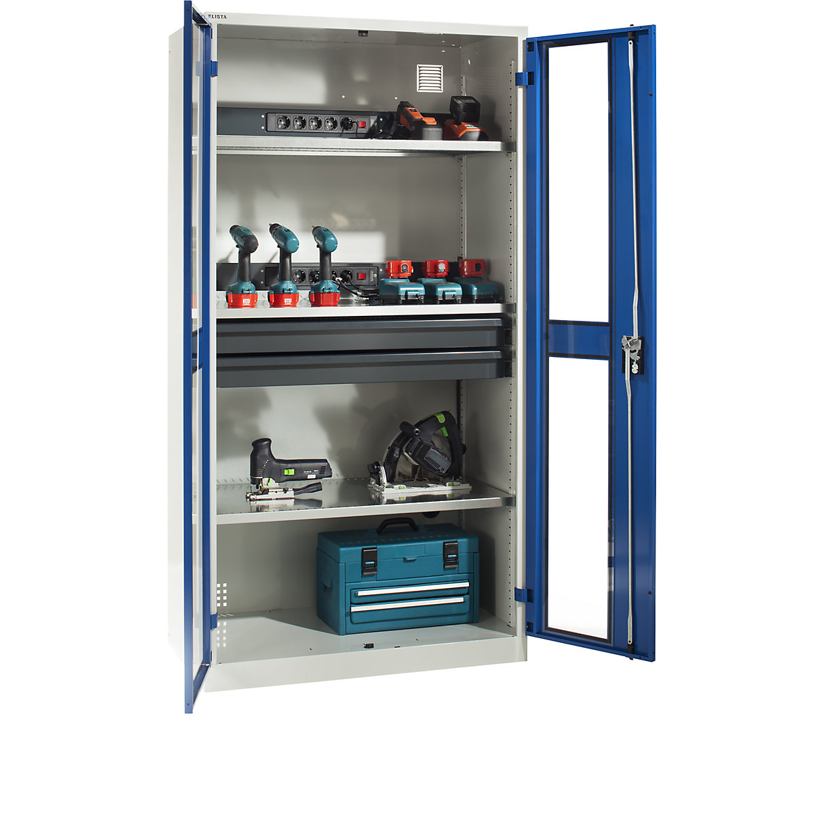 LISTA – Skříň pro nabíjení akumulátorů, 3 police, 2 zásuvky, dveře s okénkem, šedá / modrá