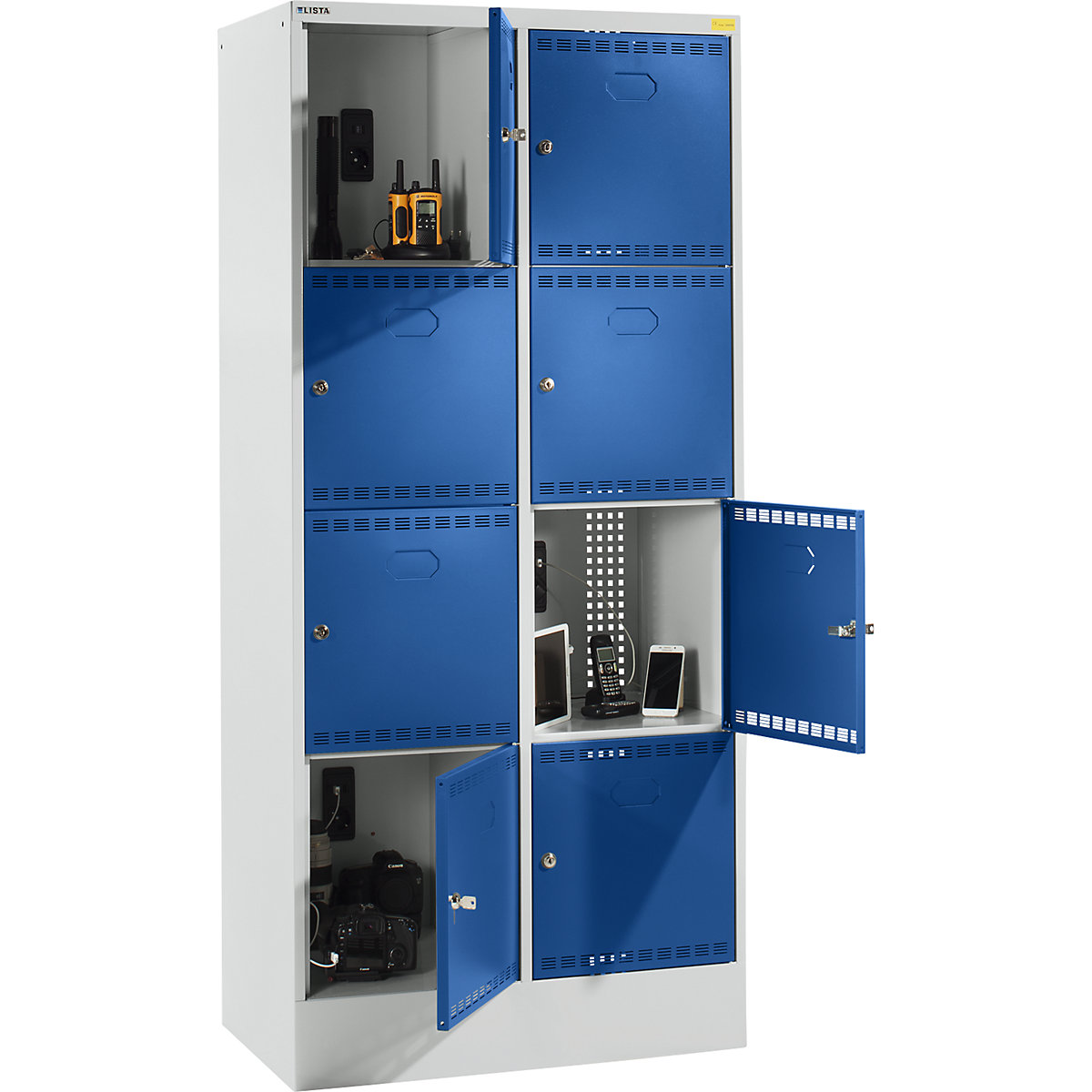 LISTA – Skříň pro nabíjení akumulátorů s uzamykatelnými boxy, s 2 x 4 boxy, 2 x 230 V, šedá / modrá