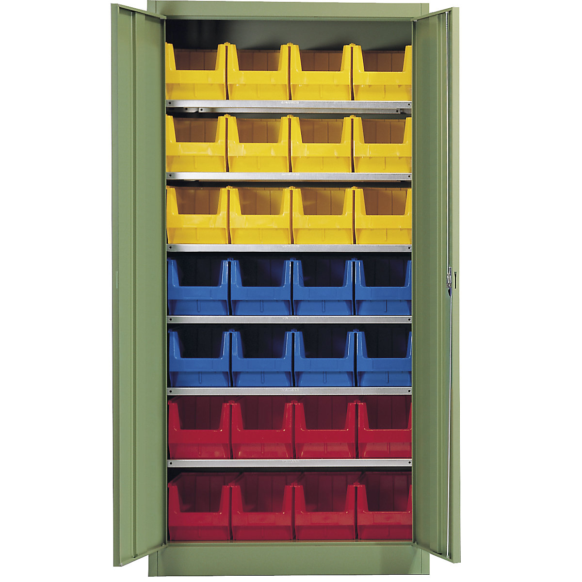 Skladová skříň, jednobarevná – mauser, s 28 přepravkami s viditelným obsahem, 6 polic, zelená-4
