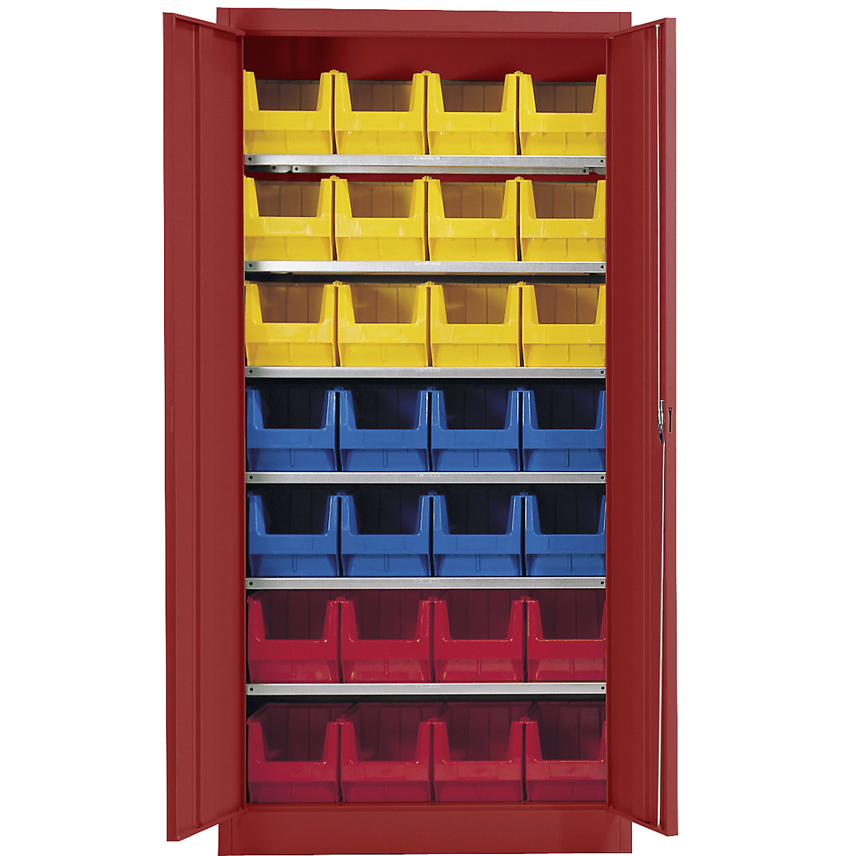 Skladová skříň, jednobarevná – mauser, s 28 přepravkami s viditelným obsahem, 6 polic, červená-1