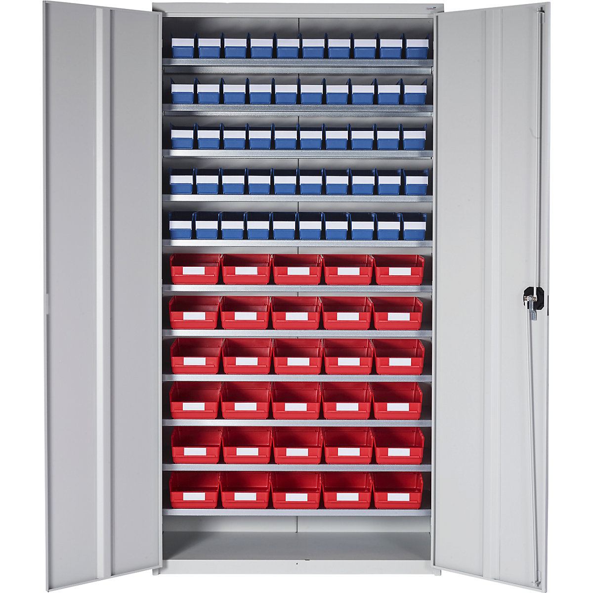 Skladová skříň – STEMO, v x š x h 1970 x 1000 x 450 mm, s regálovými přepravkami, 50 modrých přepravek, 30 červených přepravek-4
