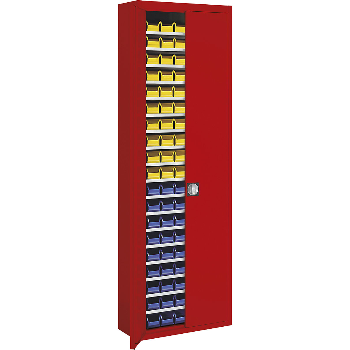 Skladová skříň s přepravkami s viditelným obsahem – mauser, v x š x h 2150 x 680 x 280 mm, jednobarevné, červená, 114 přepravek-10