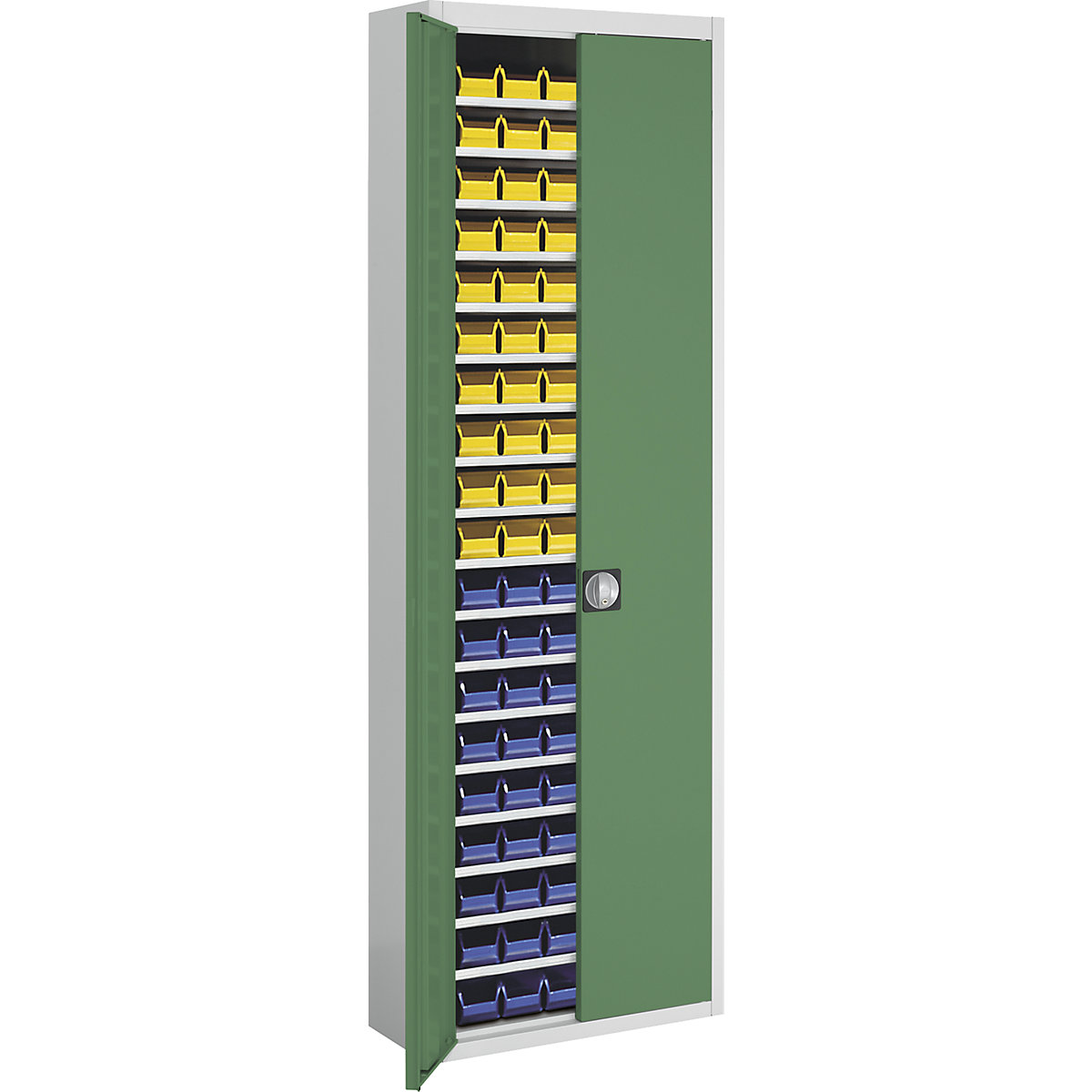 Skladová skříň s přepravkami s viditelným obsahem – mauser, v x š x h 2150 x 680 x 280 mm, dvoubarevné, korpus šedý, dveře zelené, 114 přepravek-8