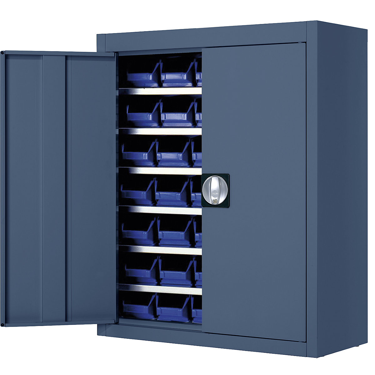 Skladová skříň s přepravkami s viditelným obsahem – mauser, v x š x h 820 x 680 x 280 mm, jednobarevné, modrá, 42 přepravek-5