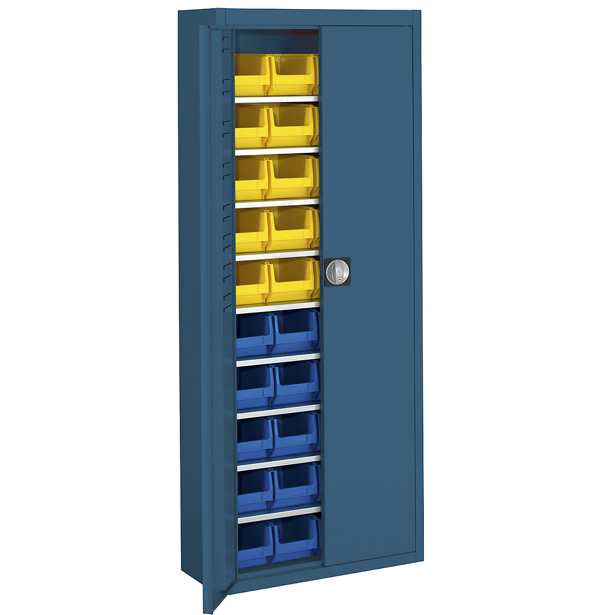 Skladová skříň s přepravkami s viditelným obsahem – mauser, v x š x h 1740 x 680 x 280 mm, jednobarevné, modrá, 40 přepravek-1