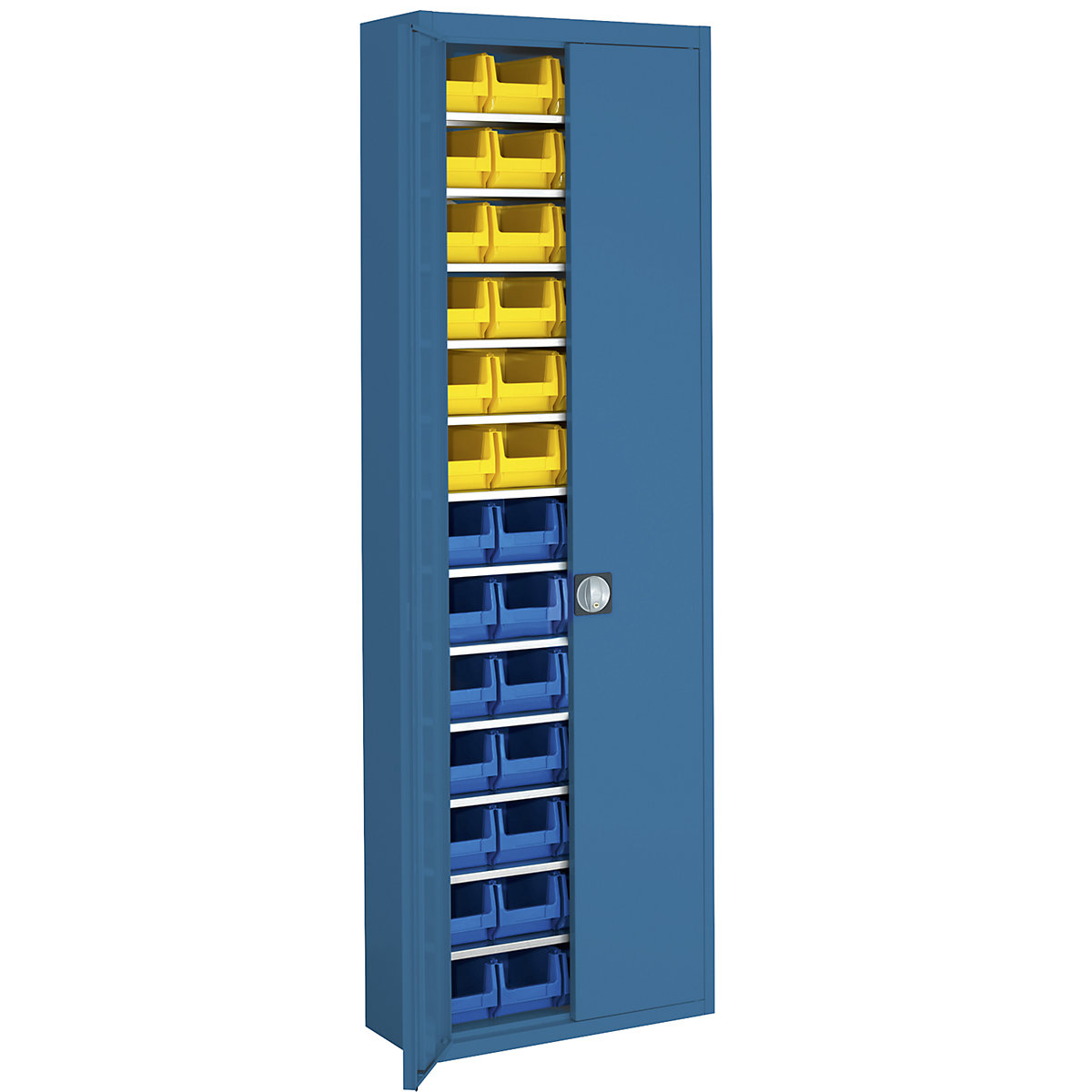Skladová skříň s přepravkami s viditelným obsahem – mauser, v x š x h 2150 x 680 x 280 mm, jednobarevné, modrá, 52 přepravek-12