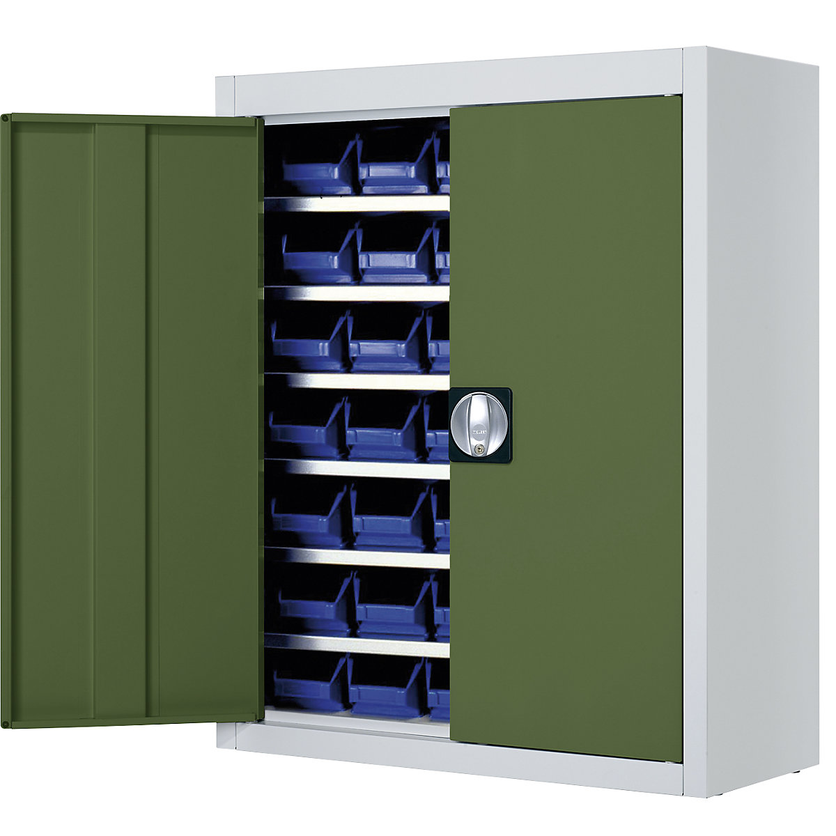 Skladová skříň s přepravkami s viditelným obsahem – mauser, v x š x h 820 x 680 x 280 mm, dvoubarevné, korpus šedý, dveře zelené, 42 přepravek, od 3 ks-5