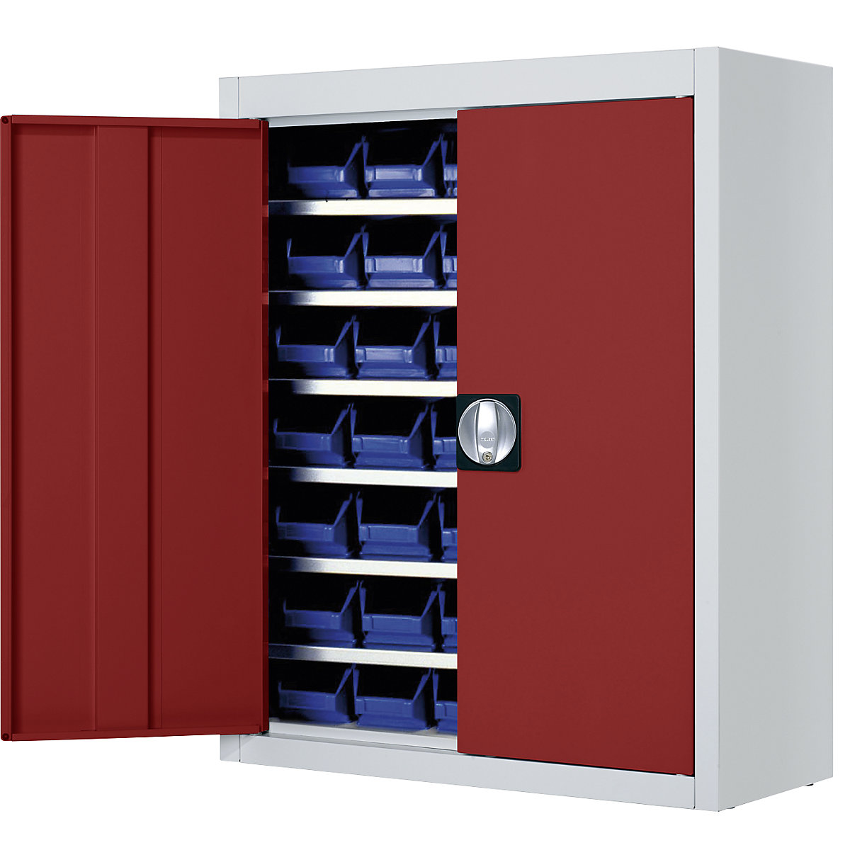 Skladová skříň s přepravkami s viditelným obsahem – mauser, v x š x h 820 x 680 x 280 mm, dvoubarevné, korpus šedý, dveře červené, 42 přepravek, od 3 ks-6