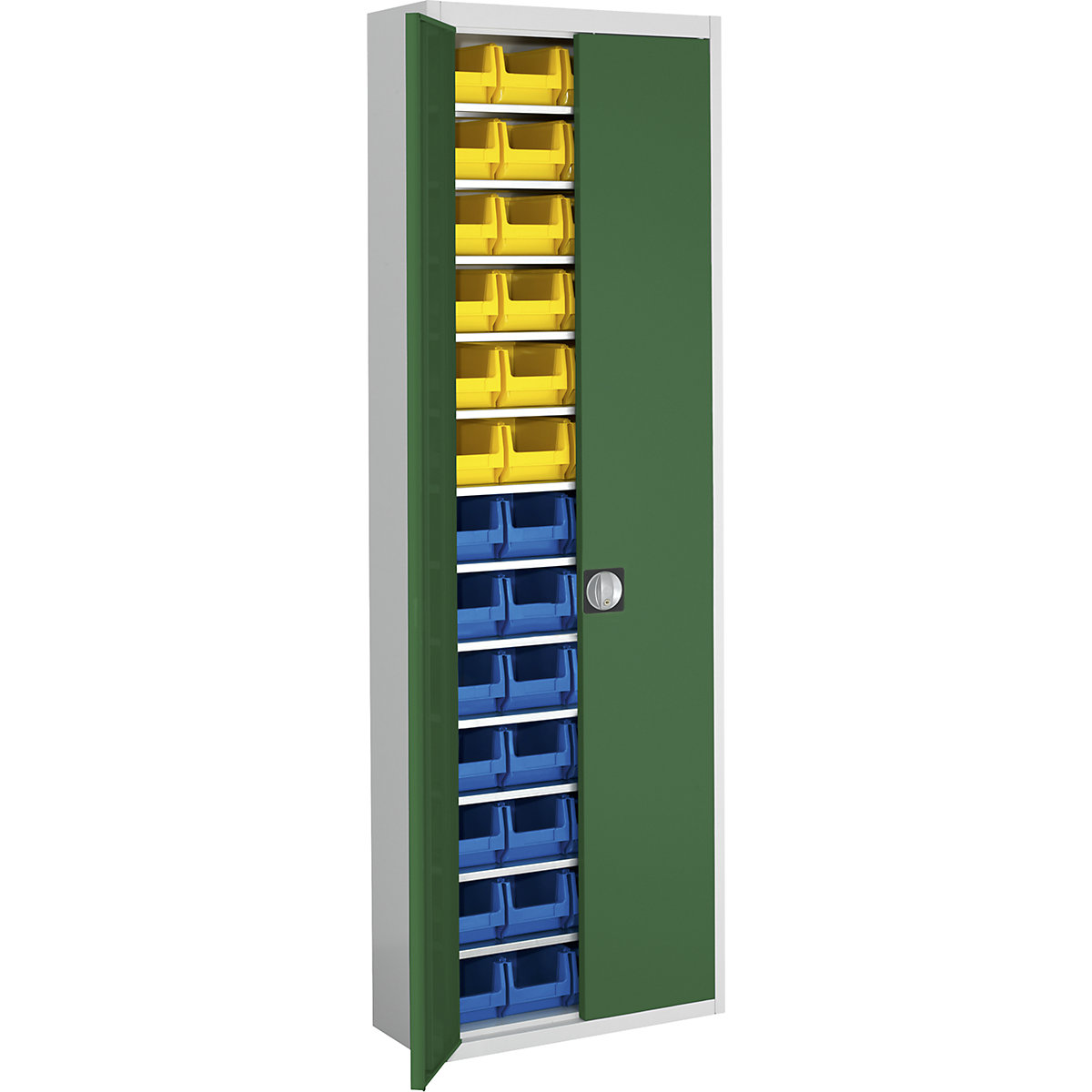 Skladová skříň s přepravkami s viditelným obsahem – mauser, v x š x h 2150 x 680 x 280 mm, dvoubarevné, korpus šedý, dveře zelené, 52 přepravek-13