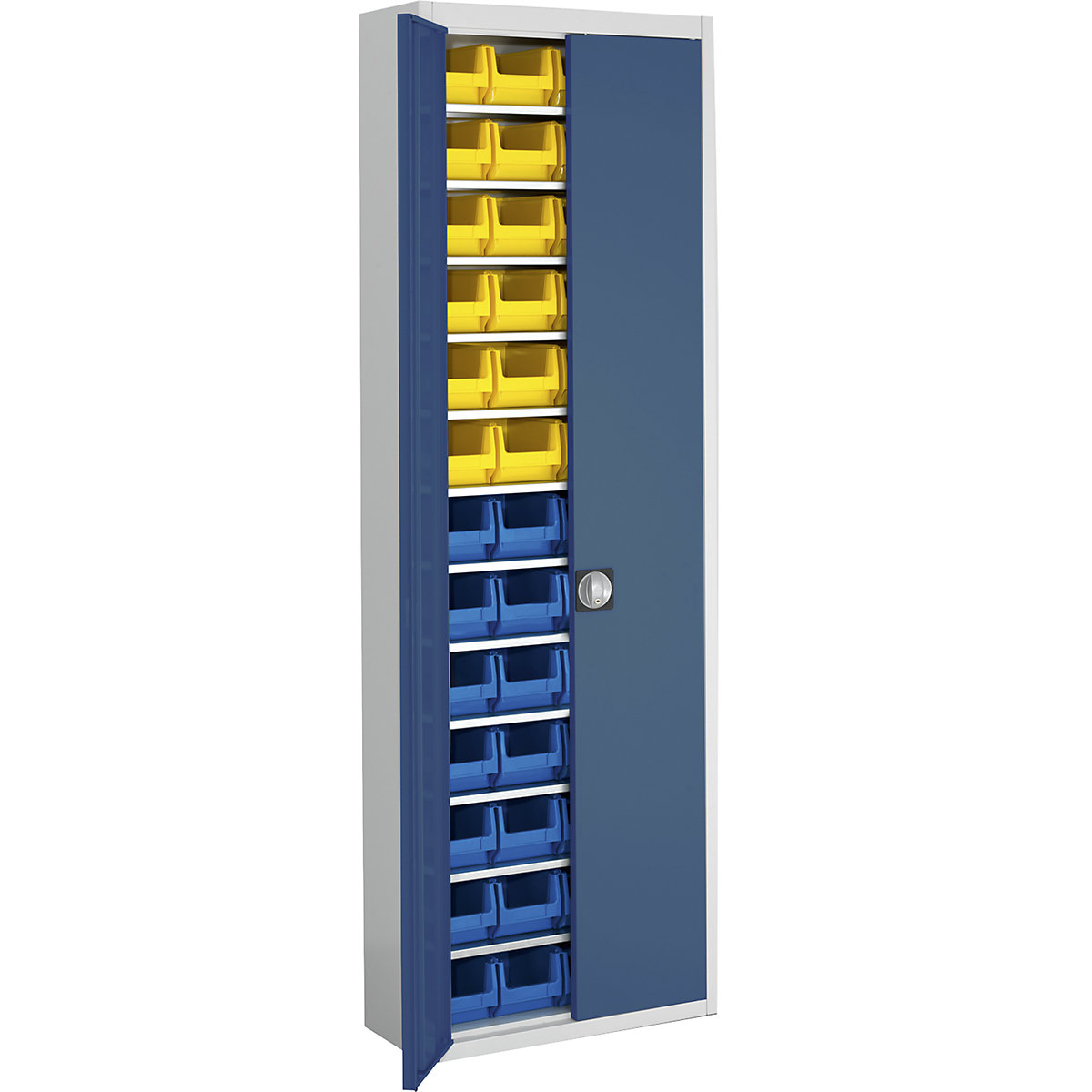 Skladová skříň s přepravkami s viditelným obsahem – mauser, v x š x h 2150 x 680 x 280 mm, dvoubarevné, korpus šedý, dveře modré, 52 přepravek-6
