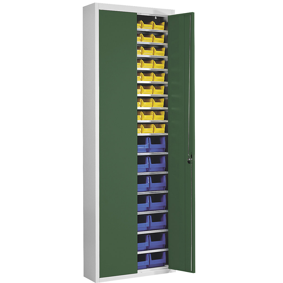 Skladová skříň s přepravkami s viditelným obsahem – mauser, v x š x h 2150 x 680 x 280 mm, dvoubarevné, korpus šedý, dveře zelené, 82 přepravek-15