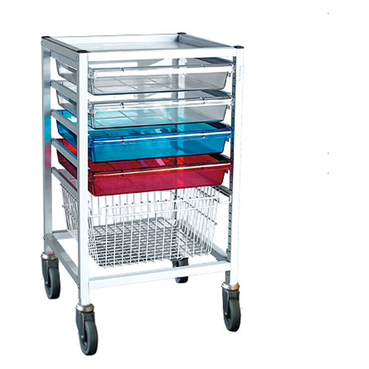 Classic Single Column Trolleys With 4 Trays & 1 Basket