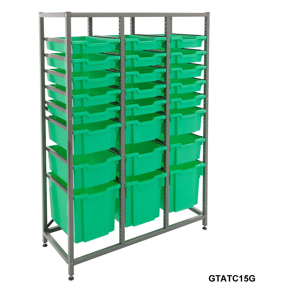 Gratnells Triple Column Storage Units With 15 Shallow 6 Deep & 3 Jumbo Trays, Gratnells Triple Column Storage Units With 15 Shallow 6 Deep & 3 Jumbo Trays, Gratnells Triple Column Storage Unit With 15 Shallow 6 Deep 3 Jumbo Green Trays 1500h x 1055w x 420d mm-6
