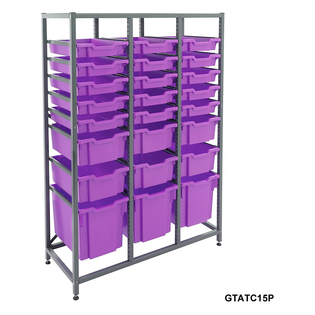Gratnells Triple Column Storage Units With 15 Shallow 6 Deep & 3 Jumbo Trays, Gratnells Triple Column Storage Units With 15 Shallow 6 Deep & 3 Jumbo Trays, Gratnells Triple Column Storage Unit With 15 Shallow 6 Deep 3 Jumbo Purple Trays 1500h x 1055w x 420d mm-9