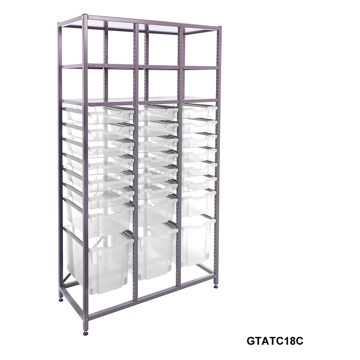 Gratnells Triple Column Storage Units With 18 Shallow 3 Deep & 3 Jumbo Trays, Gratnells Triple Column Storage Units With 18 Shallow 3 Deep & 3 Jumbo Trays, Gratnells Triple Column Storage Unit With 18 Shallow 3 Deep 3 Jumbo Clear Trays 1850h x 1055w x 420d mm-6