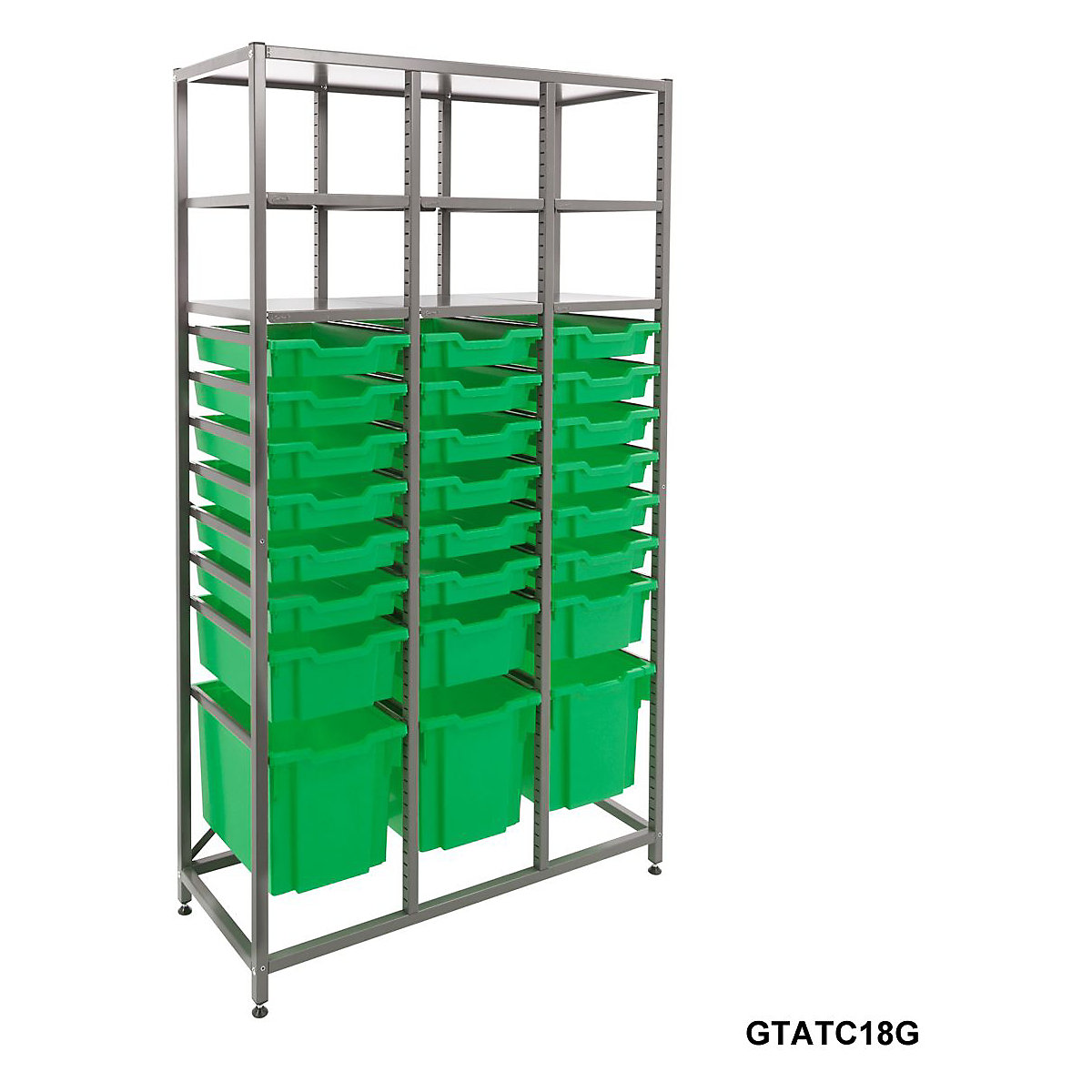 Gratnells Triple Column Storage Units With 18 Shallow 3 Deep & 3 Jumbo Trays, Gratnells Triple Column Storage Units With 18 Shallow 3 Deep & 3 Jumbo Trays, Gratnells Triple Column Storage Unit With 18 Shallow 3 Deep 3 Jumbo Green Trays 1850h x 1055w x 420d mm-7