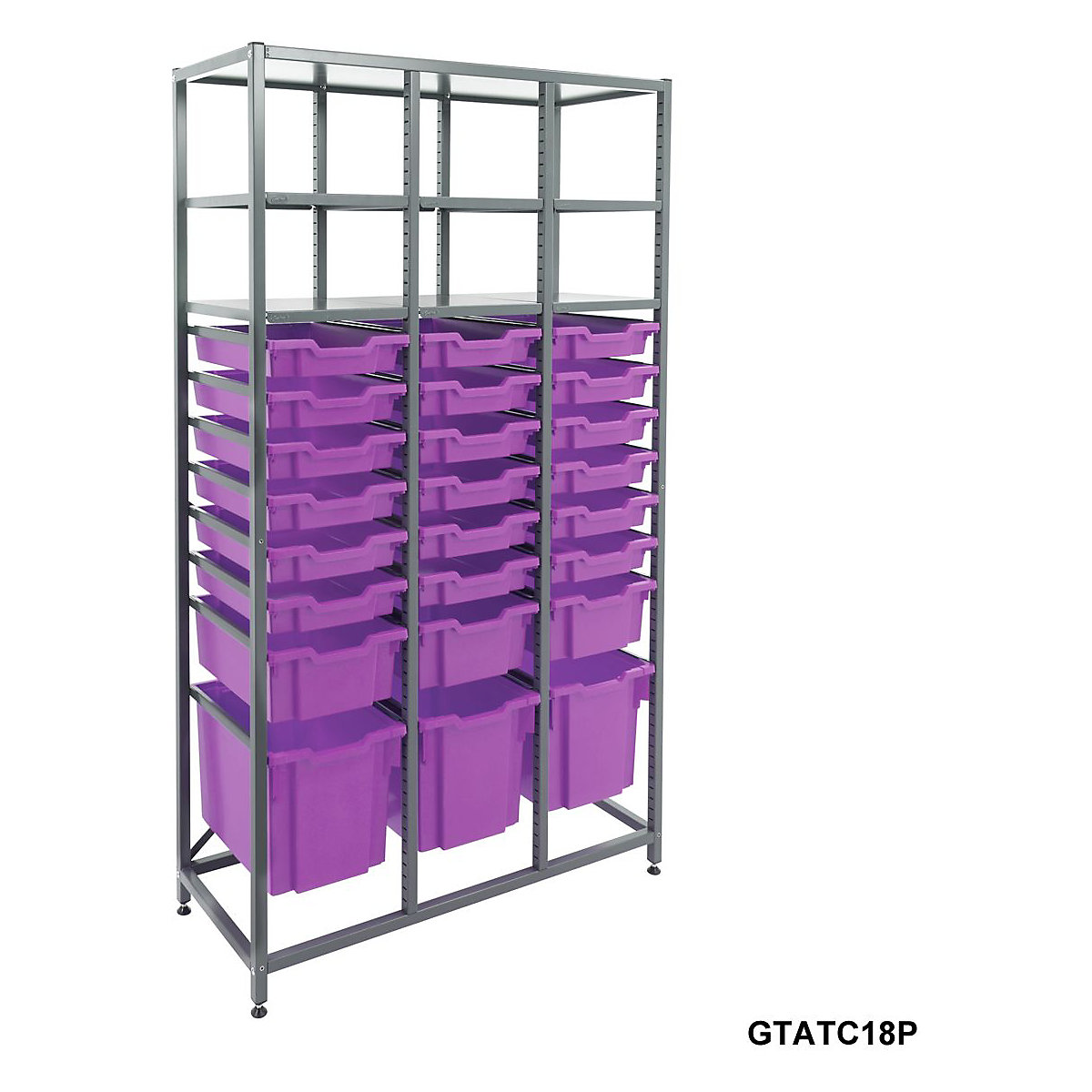 Gratnells Triple Column Storage Units With 18 Shallow 3 Deep & 3 Jumbo Trays, Gratnells Triple Column Storage Units With 18 Shallow 3 Deep & 3 Jumbo Trays, Gratnells Triple Column Storage Unit With 18 Shallow 3 Deep 3 Jumbo Purple Trays 1850h x 1055w x 420d mm-10