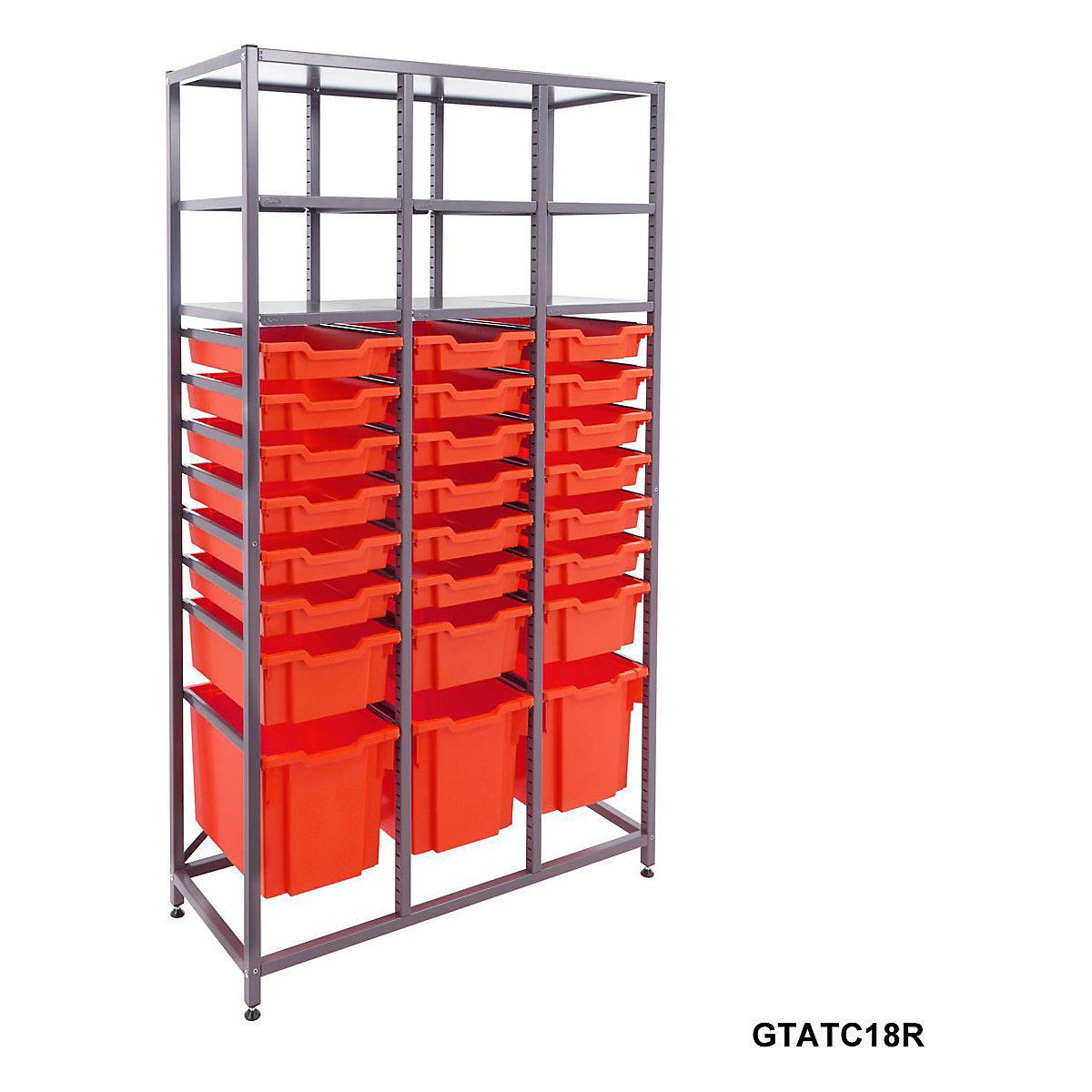 Gratnells Triple Column Storage Units With 18 Shallow 3 Deep & 3 Jumbo Trays, Gratnells Triple Column Storage Units With 18 Shallow 3 Deep & 3 Jumbo Trays, Gratnells Triple Column Storage Unit With 18 Shallow 3 Deep 3 Jumbo Red Trays 1850h x 1055w x 420d mm-12