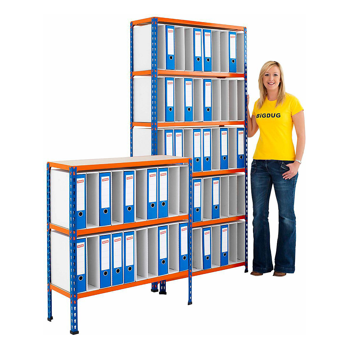 BiG340 Lever Arch File Storage Shelving, BiG340 Lever Arch File Storage Shelving, BiG340 20 Lever Arch File Shelving 915h x 915w x 305d mm 3 Levels 340kg UDL Blue & Orange-2