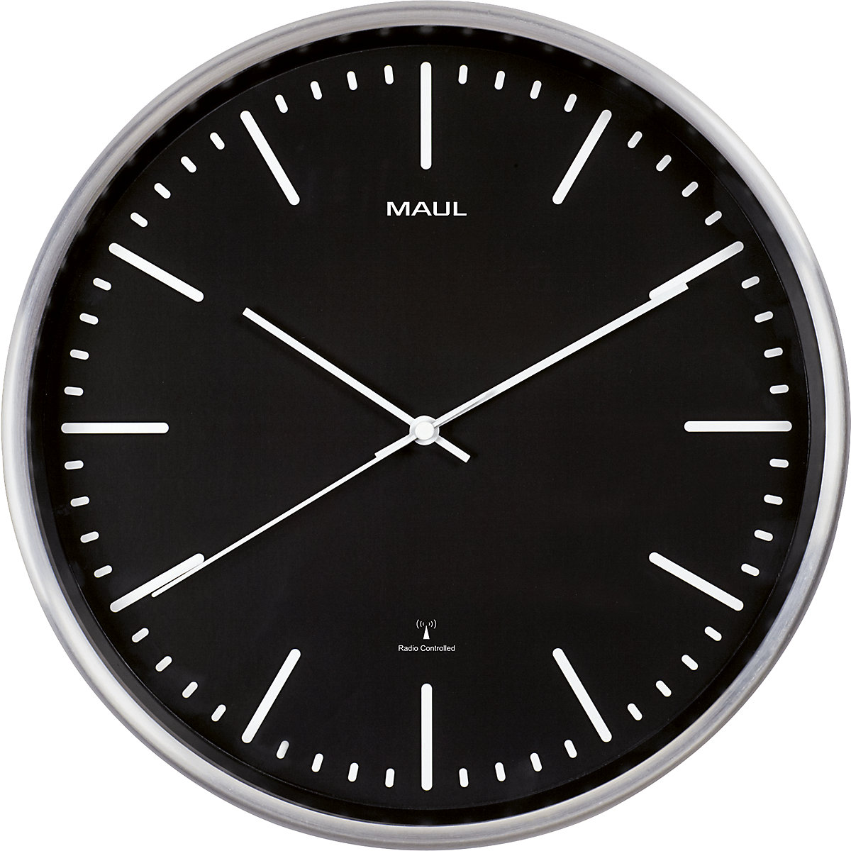 MAULfly wall clock – MAUL, brushed aluminium, Ø 305 mm, radio synchronised time keeping mechanism, black-4