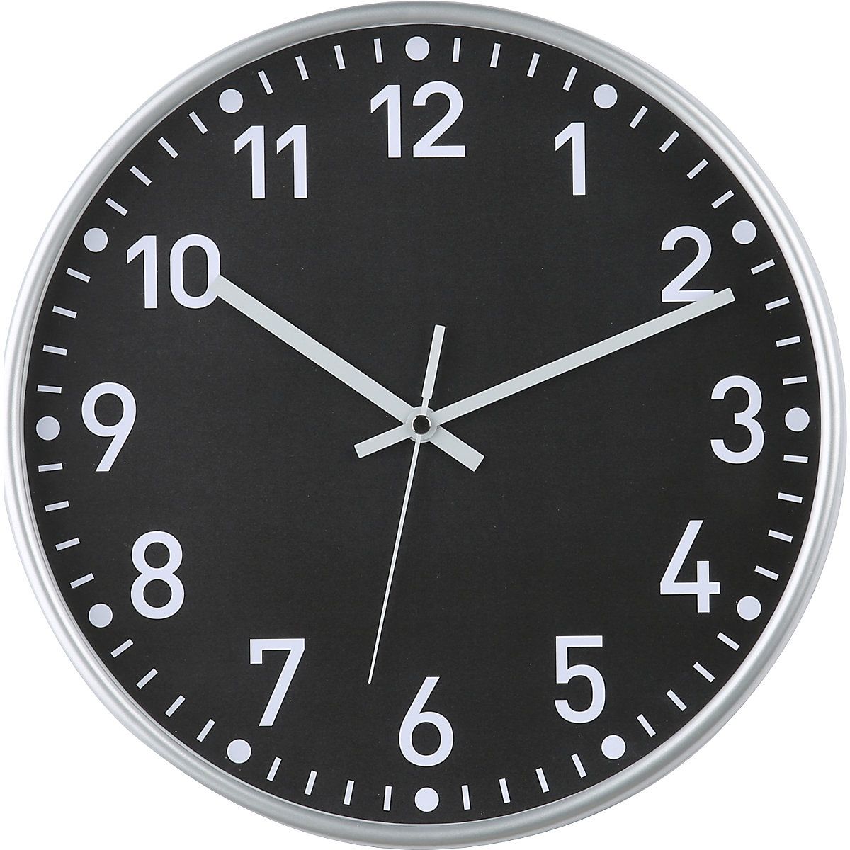 Wall clock, radio synchronised time keeping mechanism, Ø 300 mm, housing silver, clock face black-3