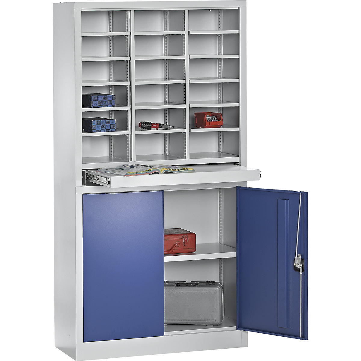 Organisation and sorting station – Pavoy, with double door cupboard, light grey / gentian blue-4