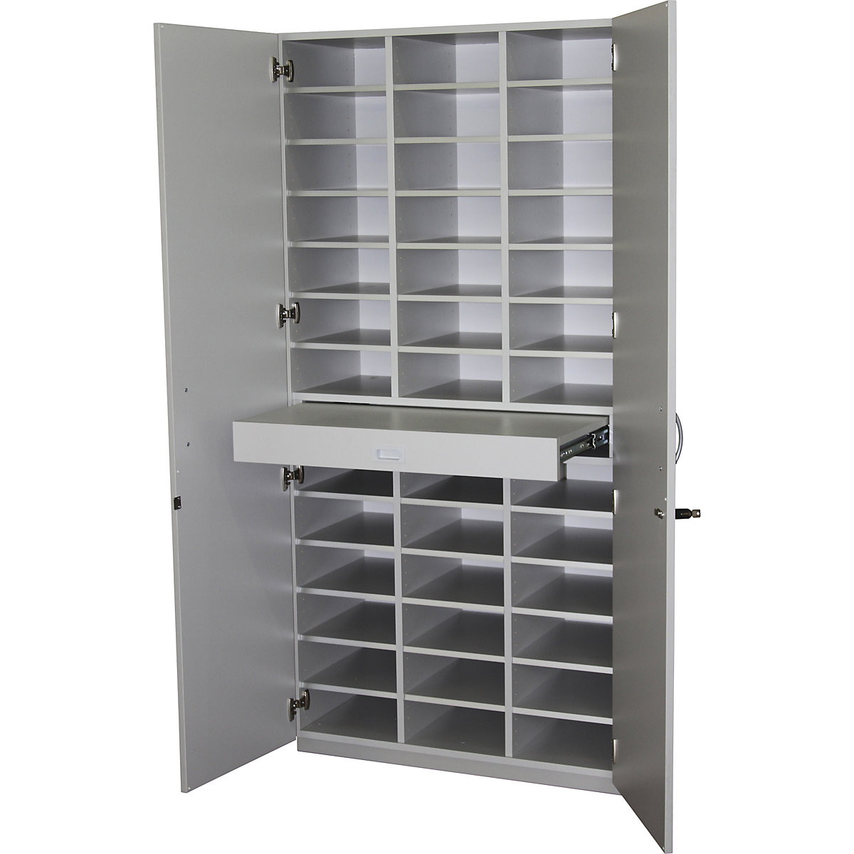 EUROKRAFTpro – Sorting cupboard with hinged doors and sorting table, HxWxD 1864 x 913 x 440 mm, 39 compartments, light grey RAL 7035