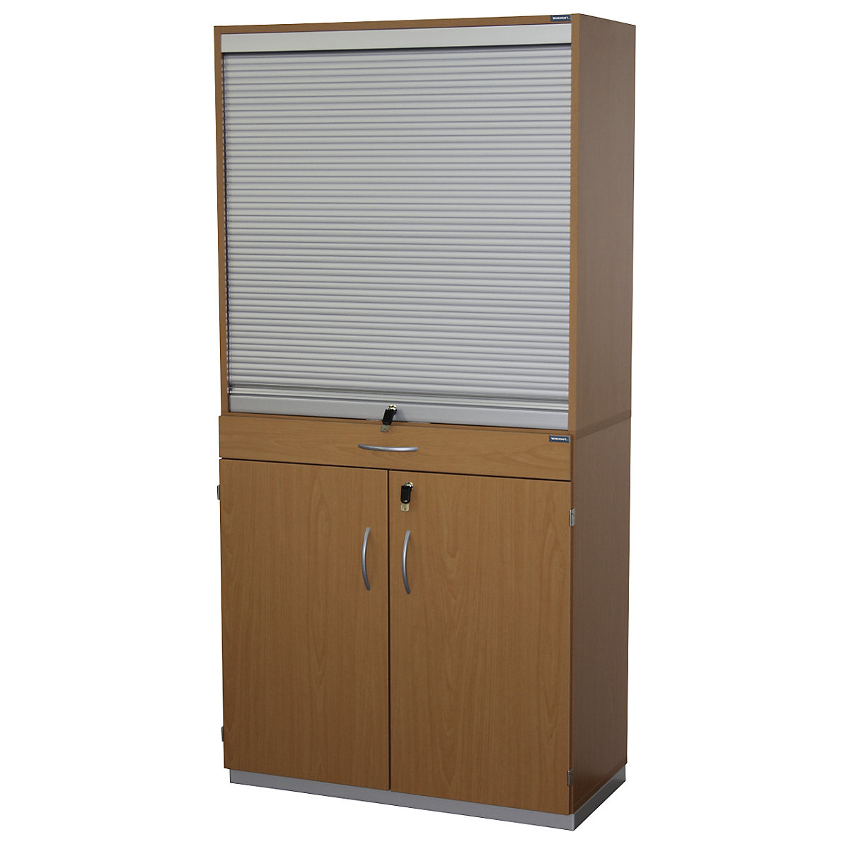 Sorting cupboard with roller shutter and add-on drawer unit – eurokraft pro, HxWxD 1864 x 913 x 440 mm, 18 compartments, beech finish-6