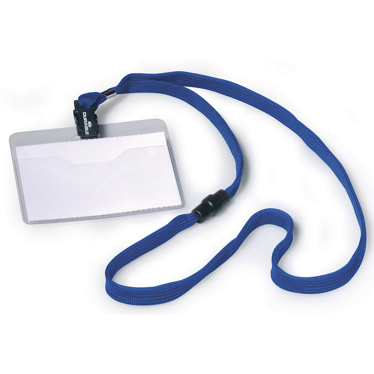 Name badge with fabric strap – DURABLE, with clasp, HxW 60 x 90 mm, dark blue, pack of 40-5