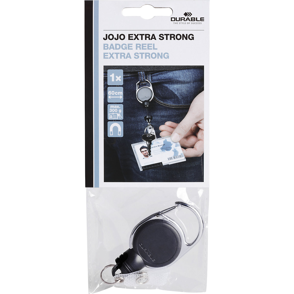 Retractable reel EXTRA STRONG with snap button strap + keyring - DURABLE