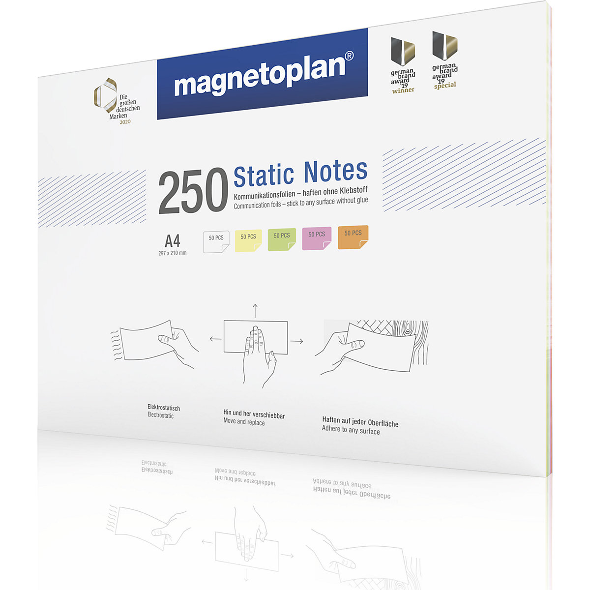Static Notes stick-on notes – magnetoplan, pack of 250, assorted colours, HxW 210 x 297 mm, 5+ packs-7