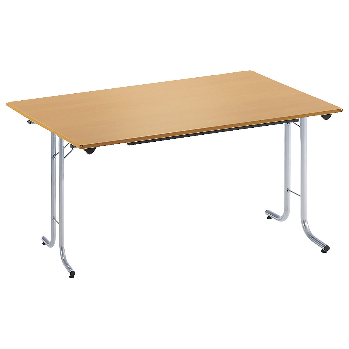 Folding table, with rounded edges, round tubular frame, rectangular top, 1200 x 700 mm, aluminium coloured frame, beech finish tabletop-13