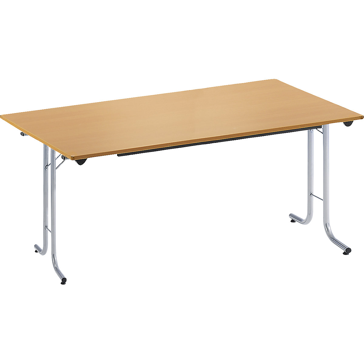 Folding table, with rounded edges, round tubular frame, rectangular top, 1400 x 700 mm, aluminium coloured frame, beech finish tabletop-14