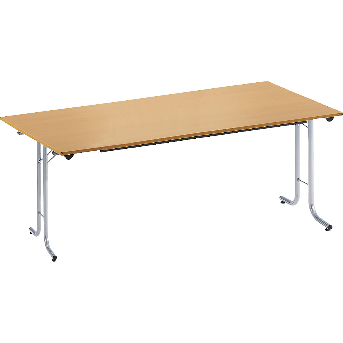 Folding table, with rounded edges, round tubular frame, rectangular top, 1600 x 700 mm, aluminium coloured frame, beech finish tabletop-17