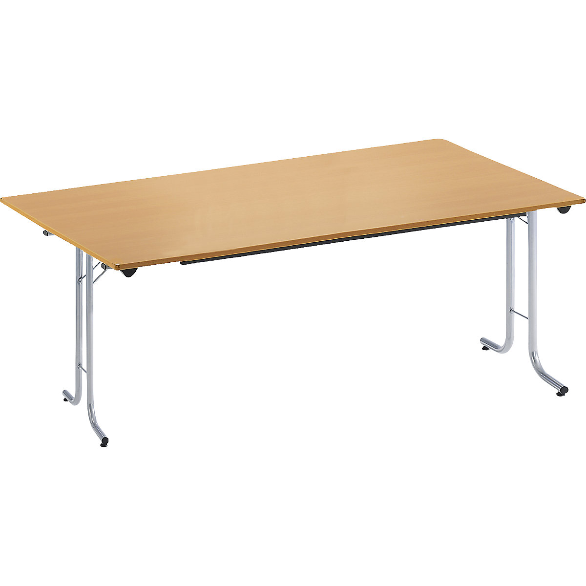 Folding table, with rounded edges, round tubular frame, rectangular top, 1600 x 800 mm, aluminium coloured frame, beech finish tabletop-7