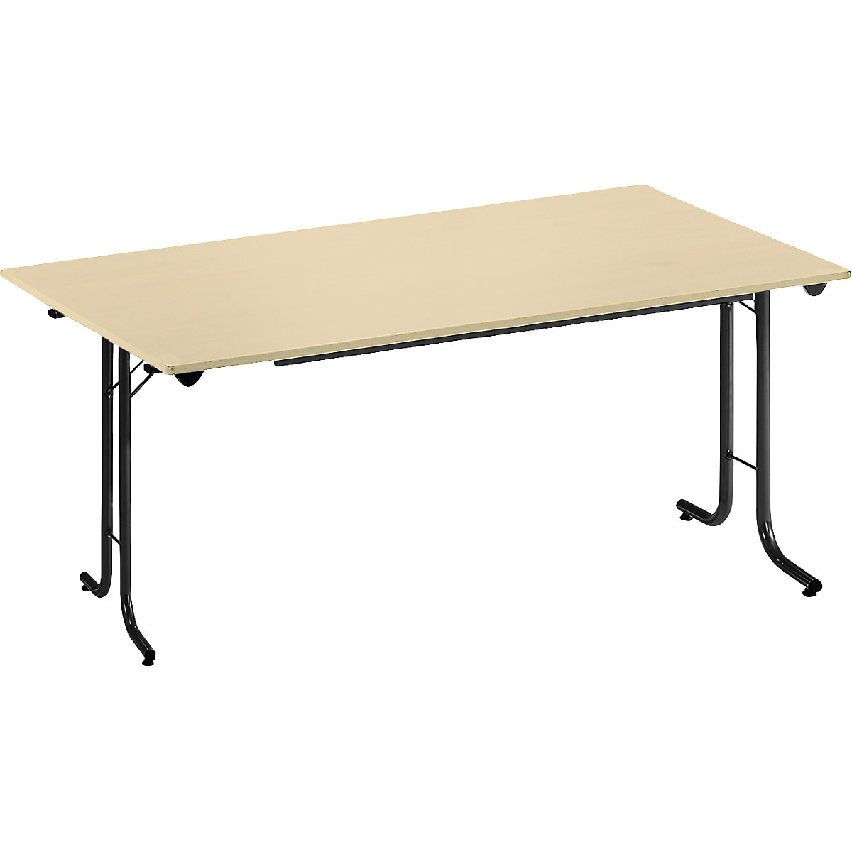 Folding table, with rounded edges, round tubular frame, rectangular top, 1400 x 700 mm, black frame, maple finish tabletop-3