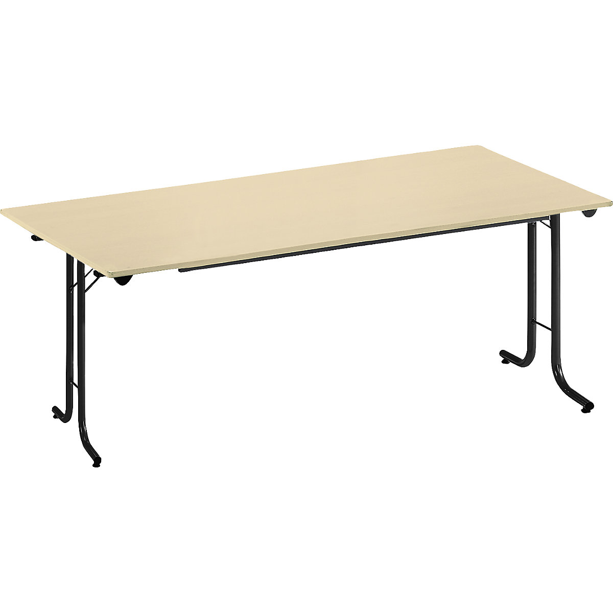 Folding table, with rounded edges, round tubular frame, rectangular top, 1600 x 700 mm, black frame, maple finish tabletop-8