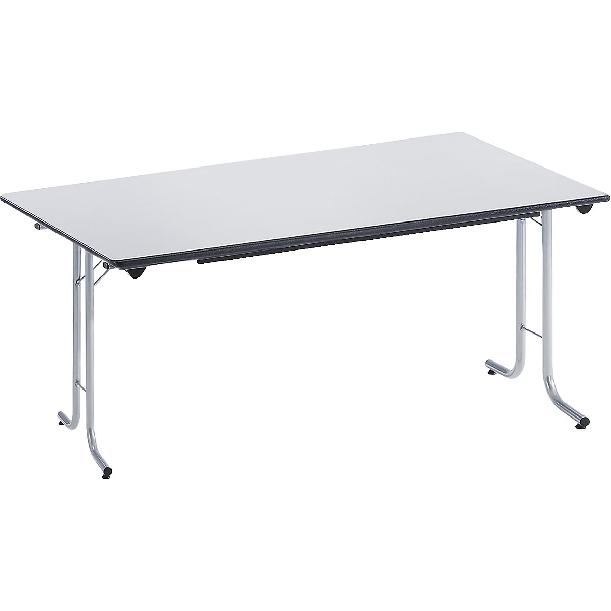 Folding table, with rounded edges, round tubular frame, rectangular top, 1400 x 700 mm, aluminium coloured frame, light grey tabletop-4